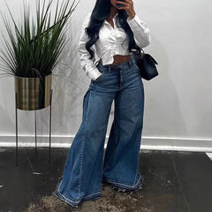 Bxoxo Blue Washed Women Flared Jeans Harajuku Y2k Oversized Wide Leg Spliced Tassel Denim Pants Baggy American Retro Trousers