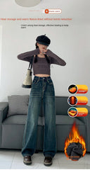 BXOXO Autumn Winter Classic Y2K Fleece Jeans Women Fashion Elegant Lady Casual Versatile Loose Plus FleeceDenim Wide Leg Pants