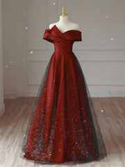 BXOXO Elegant Dress for Women Burgundy Splicing Lace Sequin Strapless Long A-line Skirt Solid Color Evening Gown
