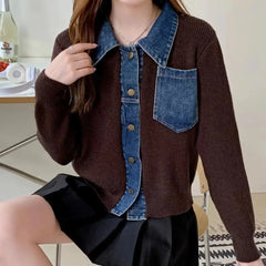 Bxoxo Small Spring Autumn Outerwears Female Jeans Coat Short Black Patchwork Crop Women's Denim Jackets Knitted 2024 New Collection In