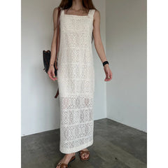 Bxoxo Summer Korean Sle Long Lace Sleeveless Vest Dress Square Collar Slimming Skirt H-Line Pure Color Ladylike Fashion Dress