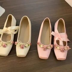BXOXO New Women's Flat Footwear Pink Ballet Women Single Shoes Fashion Lace Up Girl Mary Jane Shoes Sweet Flowers Ladies 2024 Spring