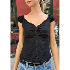 Bxoxo y2k Tank Top Women Summer Clothes Solid Color Cap Sleeve Button Down Slim Fit Frill T Shirt 2000s Vest Streetwear
