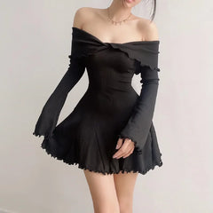 BXOXO Autumn Strapless Sexy Black A-LINE Dress Women Off Shoulder Long Sleeves Streetwear Knitting Mini Dresses Elegant Club Partywear