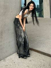 Bxoxo American Retro Hip-hop Jeans Women Street Style Trend Tie-dye Loose Straight Pants Washed Distressed Denim Trouser