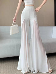Bxoxo Chic Mesh Patchwork Flare Pant Women Casual Fashion Loose High Waist White Trousers Elegant Design Lady Summer Sweet Pants