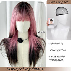 BXOXO Pink Wig 20 Inch Straight Bangs Wig Fiber Synthetic Wig Heat-resistant Non-Glare Natural Soft Cosplay Hairpiece For Women