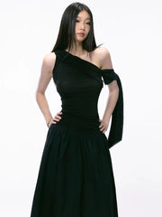 Bxoxo Elegant Hepburn Style Slash Neck Women Midi Dress Y2K Sexy One Shoulder Sleeveless Black Dress Summer Evening Party Vestidos