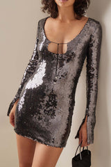 BXOXO - Sequins V Neck Flares Sleeve Pack Hip Dress