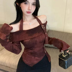 Bxoxo Hot Girl Hanging Neck Off Shoulder Long Sleeved T-shirt for Women New Niche Slim Fit and Slimming Short Top