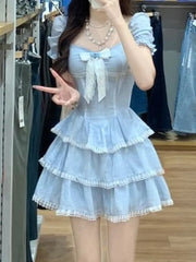 Bxoxo Summer Sweet Kawaii Blue Plaid Dress Woman Lolita Lace Y2k Mini Dress Short Party Elegant One Piece Dress Korean Fashion