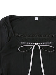 BXOXO Spring Fall Women T-Shirts Y2k Long Sleeves Scoop Neckline Retro Lace Hem Tops Korean Style Basic Tee Vintage Club Streetwear