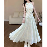 BXOXO New 2025 Jasmine Green 2.0 Summer Fairy Sweet Slimming Waist Long Dress Design Sense Skirt Polyester Fiber round Neckline Ankle-