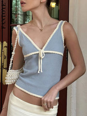 Bxoxo Knitted Deep V-neck Bow Women Crop Top Blue Patchwork Spaghetti Strap Tank Top Female Spring Slim Casual Streetwear 2024
