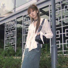 Bxoxo Y2k Aesthetics Pleated Shirt Fairycore Lace Up Blouse Trashy 2000s Style V-neck Shirt Irregular Japanese Harajuku 90s