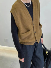 Bxoxo Knitted Cardigan Vest 2025 Autumn Lazy Style Women's Solid Sleeveless V-neck Single Breasted Pocket Sweater Female Knitwear Tank