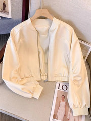 Bxoxo Baseball Y2K Satin Jackets Women Slim Long Sleeve Streetwear Vintage Short Coats Vintage Korean Pockets O Neck Fall Winter Tops