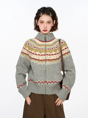 Bxoxo Vintage Harajuku Print Cardigan Sweaters Women Soft Streetwear Long Sleeve Knitted Jacket Retro American Casual Zipper Gray Tops