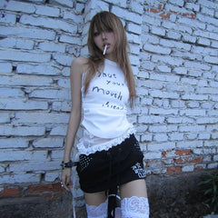 Bxoxo Vintage Print Tank Tops Women Sleeveless Shirred Pleats Crop Tops American Retro 90s Vest Tops Y2k Japanese Tee Tops