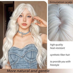 BXOXO 24 Inch Synthetic White Water Curly Wave Wigs Separate Bangs Wig Heat-Resistant Natural Soft Cosplay Hairpiece For Women