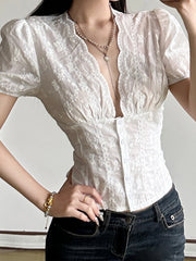 Bxoxo Fashion Simple Lace V-Neck Chic Sweet Shirts Cute Japan Style Slim Fit Women Summer New Blouses