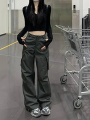 Bxoxo Women Cargo Pants Grey Vintage Y2k Baggy Korean Style High Waist Trousers Techwear Aesthetic Female Streetwear Hippie