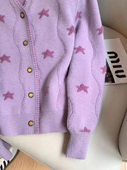 Bxoxo Stars Print Vintage Cardigan Women Casual Cute Long Sleeve Loose Knitted Sweater Korean Retro O Neck Female Purple Tops New