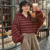Bxoxo Vintage Striped Cropped Sweater Women Fall Winter Korean Preppy Knit Jumper Female Loose Long Sleeve Turndown Collar Pullovers