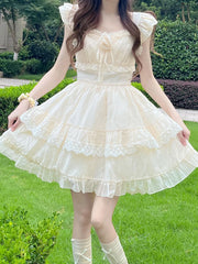 Bxoxo 3D Floral Sweet Mini Dress Women Casual Fashion Slim Flying Sleeve Cake Dress Preppy Style Lace Patchwork Cute Vestidos New