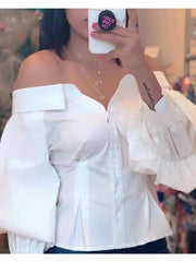BXOXO Elegant White Shirts for Women Lantern Sleeve Off Shoulder Top Lady Blosues Long Sleeve Ruched Design Feamel Clothes Spring