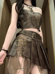 Bxoxo Cool Design Neck Sleeveless Top High Waist Irregular Splicing Lace Retro Suit Tide Pure Desire Wind Spice Girls Women's Clothing