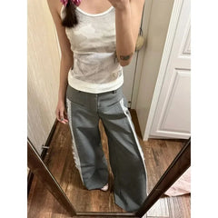 Bxoxo Y2k Gray Lace Women Suit Pants Vintage Harajuku Patchwork Wide Leg Korean Fashion Baggy Trousers Elegant Casual Sweet
