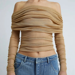 Bxoxo Multi-wear Mesh Sheer Crop Tops Korean Elegant Off the Shoulder T-shirt Chic Women Long Sleeves Slim Fit Cover-Ups Tees