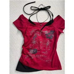 BXOXO Summer Fake Two Pieces Halter Bandage Vintage T-shirts Y2k Aesthetic Slim Crop Tops Women Grunge Print Harajuku Casual Sexy Tee