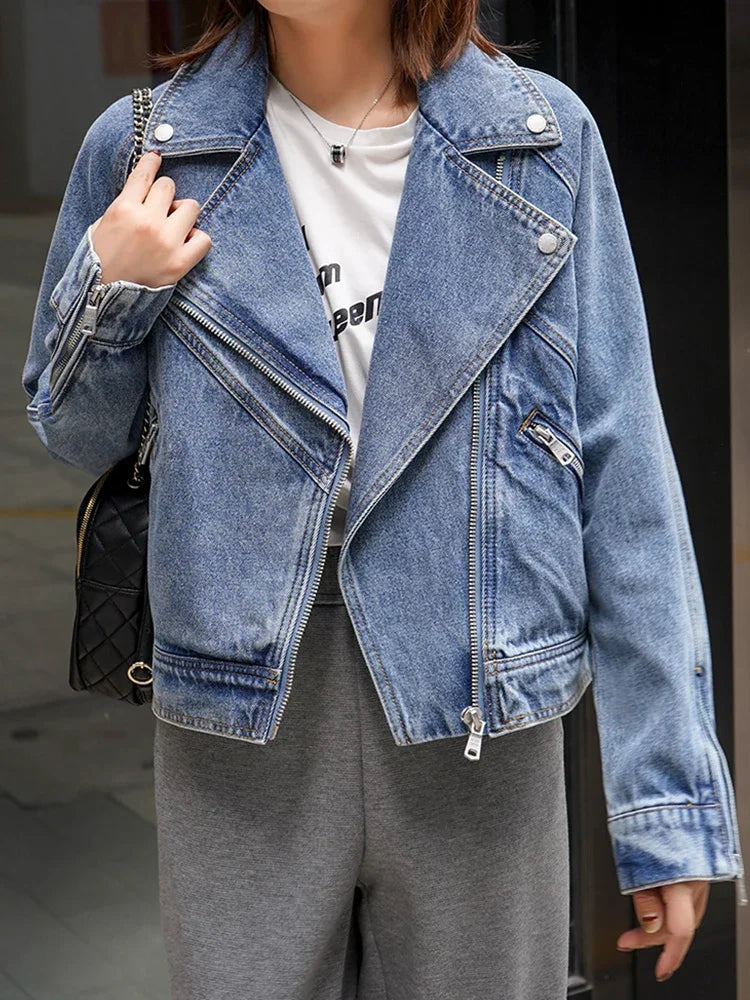 Spring Autumn Women Denim Jacket Casual Lady Moto Biker Coat Vintage Lapel Zipper Jacket