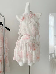 Floral Party Dress Women 2024 Summer Vintage Sleeveless Vacation Mini Dress Female French Fairy Elegant Dress Korean Chic