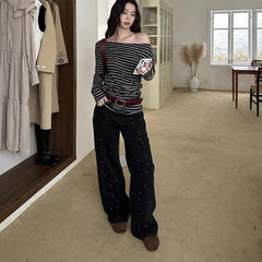 Bxoxo Vintage Striped Women T-Shirts Skew Collar Off Shoulder Long Sleeve American Retro Tees Slim Casual Streetwear Spring