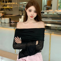 BXOXO Women's T-shirts Long Sleeves Drawstring Strap Texture Sensation Perspective Slim Fit Tops