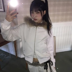 BXOXO American Style Fluffy Hoodie Sweatshirts Spring Autumn New Loose Zipper Tops Women Y2k Grunge Long Sleeve Sweatshirt Mujer