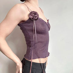 BXOXO Vintage Solid Strap Top Retro Floral Stitching Sleeveless Slim-fitting Crop Tops Women Summer Casual Knitted Tees Grunge