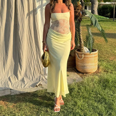 BXOXO Elegant Fashion Lace Trimmed Maxi Dress Hot Sexy Cut Out Backless See Through Draped Slip Dresses Coquette Summer