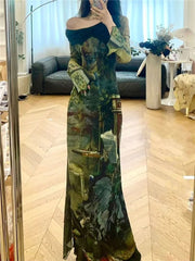 BXOXO Elegant Vintage Green Print Dresses Y2k Skew Collar Long Sleeve Dress for Women Spring New Slim Fit Bodycon Vestidos Mujer
