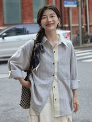 Bxoxo Preppy Style Sweet Striped Shirt Women Loose Casual Long Sleeve Blouse Fall New Vintage Pocket Korean Female Simple Retro Tops
