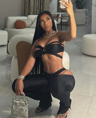 BXOXO Sexy Stunning Women 2 Piece Coquette Solid Hollow Halter Crop Tanks+Slash Waist Slim Pants Female Clubwear Midnight Sets