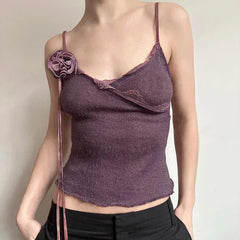 BXOXO Vintage Solid Strap Top Retro Floral Stitching Sleeveless Slim-fitting Crop Tops Women Summer Casual Knitted Tees Grunge