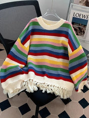 Bxoxo Sweet Rainbow Tassel Sweaters Women Vintage Cute Loose Long Sleeve Knitted Jumper Casual Retro O Neck Lady Hollow Out Pullovers