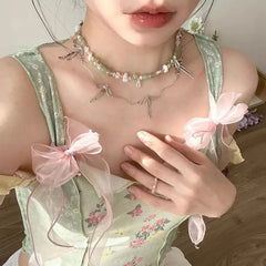 BXOXO French Style Outer Weartank Women's Cropped Top Spring Summer Printing Spandex Material Bow Decoration Strap Vest