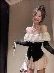 Bxoxo Women Clothing Sweet Slim Fit Flare Sleeves Top Off Shoulder Lotus Leaf Edge Black Knit T-shirt Crop Ropa De Mujer Graphic