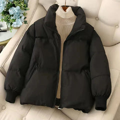 Bxoxo Women Solid Loose Zipper Coat Long Sleeve Pocket Casual Down Coat Winter Thermal Thickened Fall Cotton-padded Jacket 2023