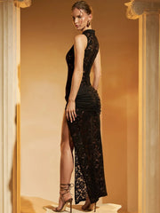 Bxoxo Black Lace Long Dress For Women Sleeveless Hollow Out High Slit Bodycon Evening Dresses Sexy Slim Party Vestidos